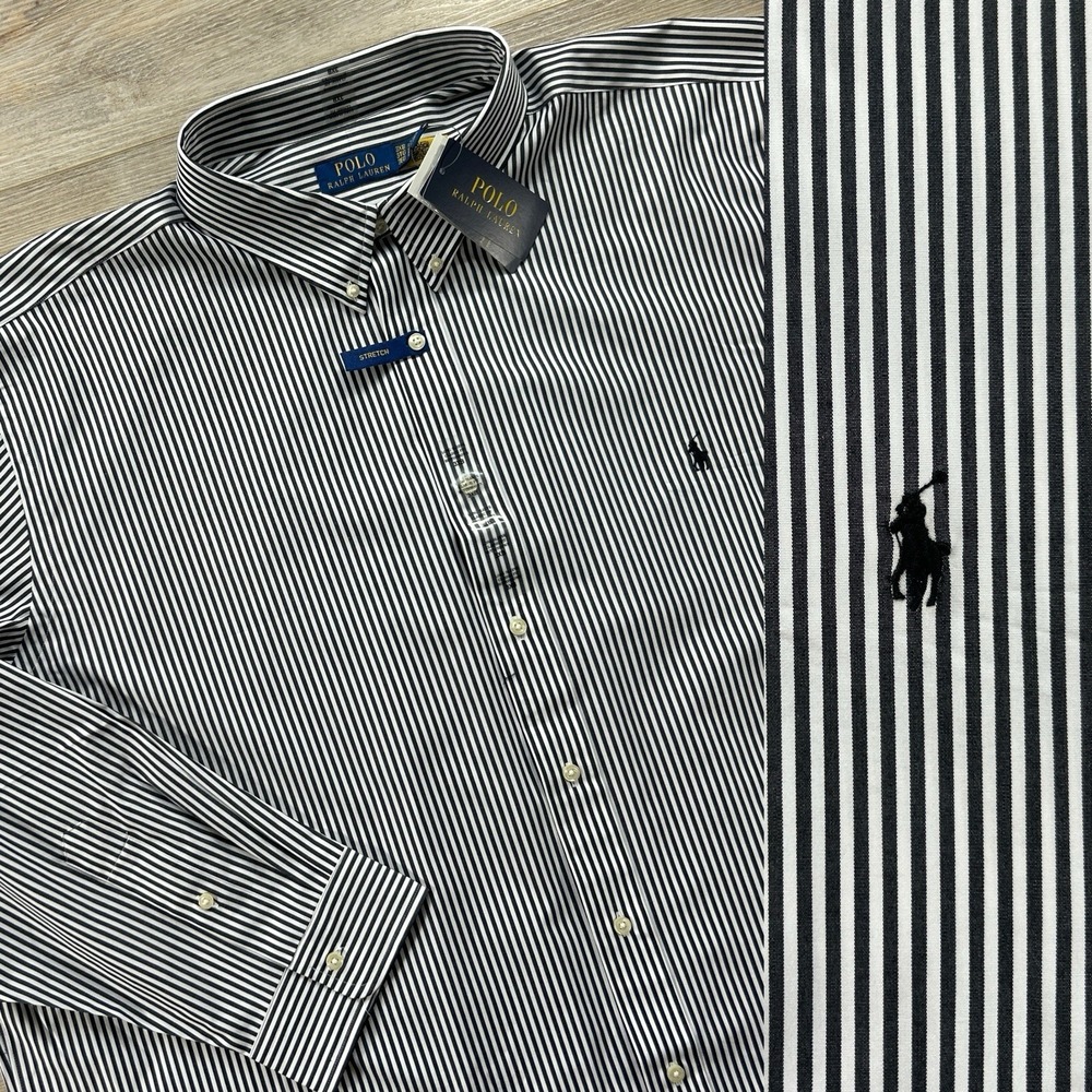 NWT Polo Ralph Lauren 3XB Black White Stripe Long Sleeve Button Down Stretch